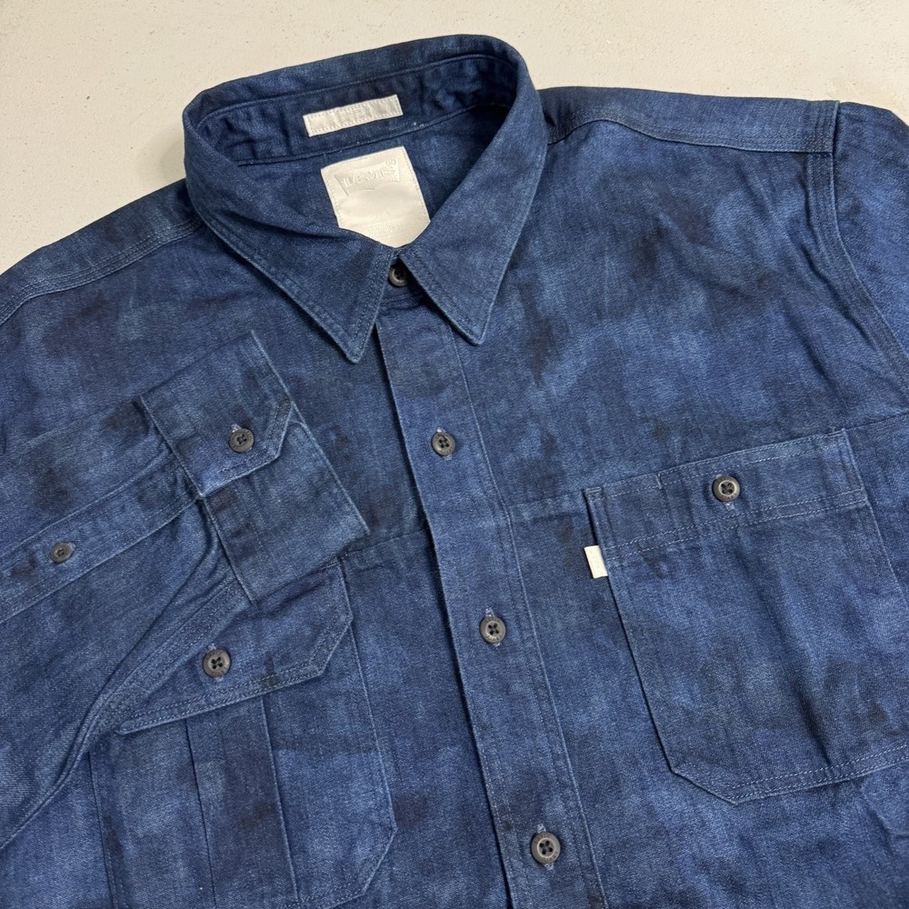 Levis Denim Shirt Mens L  Indigo Utility Workshirt Chin‎ Strap Dyed Pockets